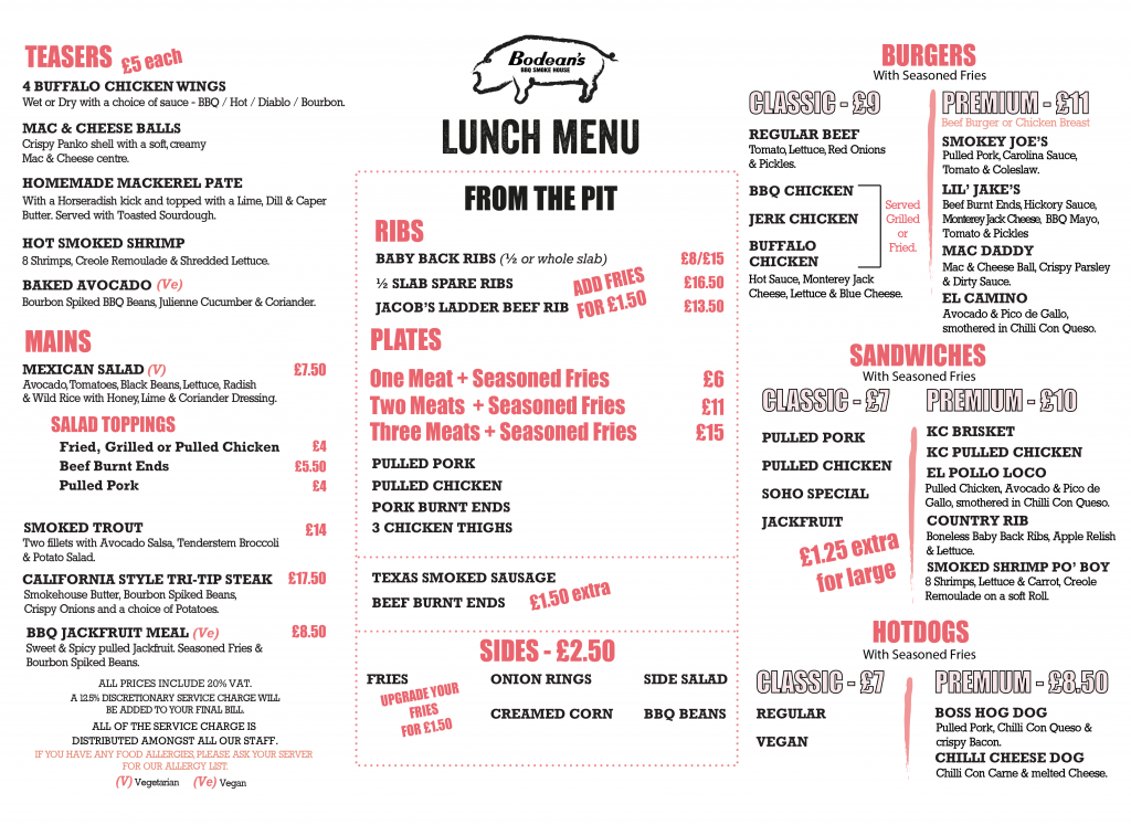 Lunch Menu Tower Hill Bodeans BBQ